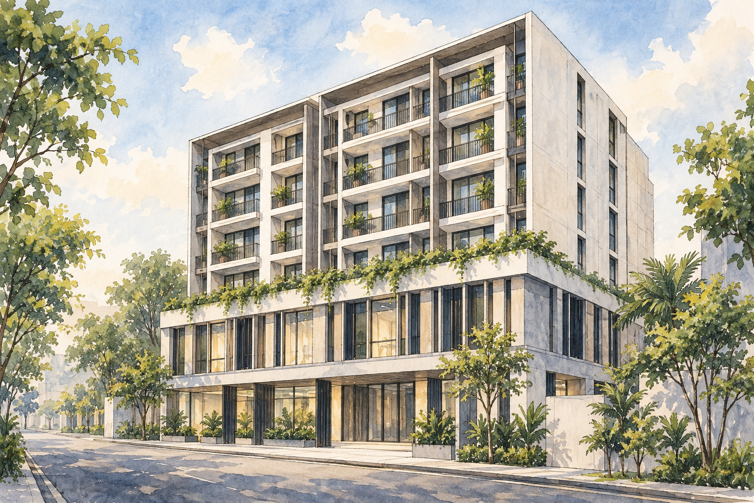 AI-inspired watercolour of an eight-storey urban building with apartments above institutional space, inspired by Sixteen35 Residences; not an exact site depiction.