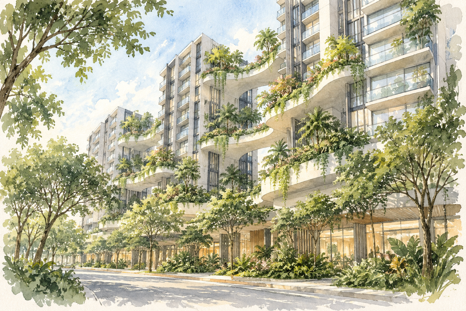 AI-generated architectural watercolour inspired by Sky Eden@Bedok, with imagined planted terraces and retail frontage; not an exact depiction.