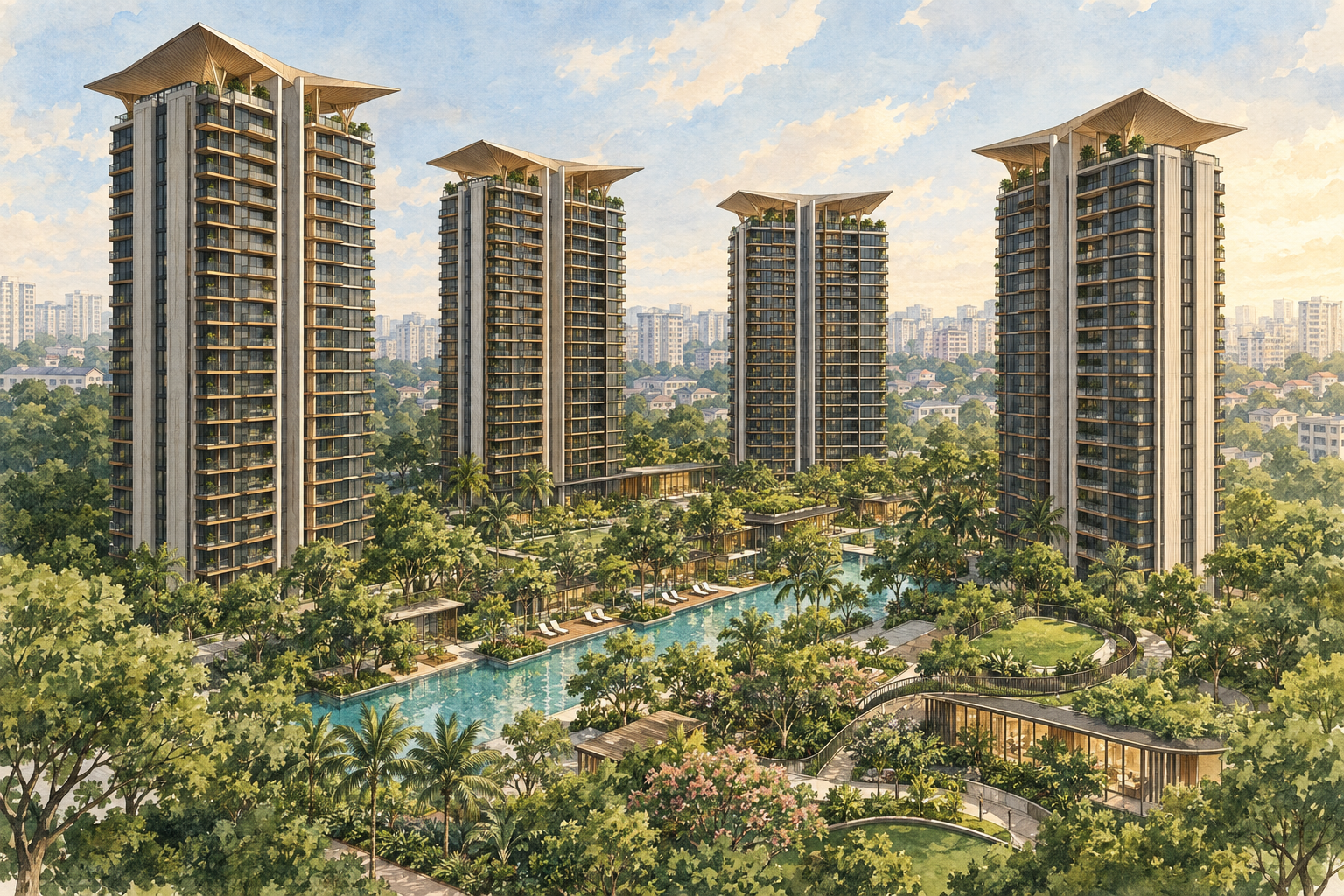 AI-inspired watercolour of four imagined residential towers and tropical gardens, based on Tembusu Grand’s tree-inspired design concept; not an exact depiction.
