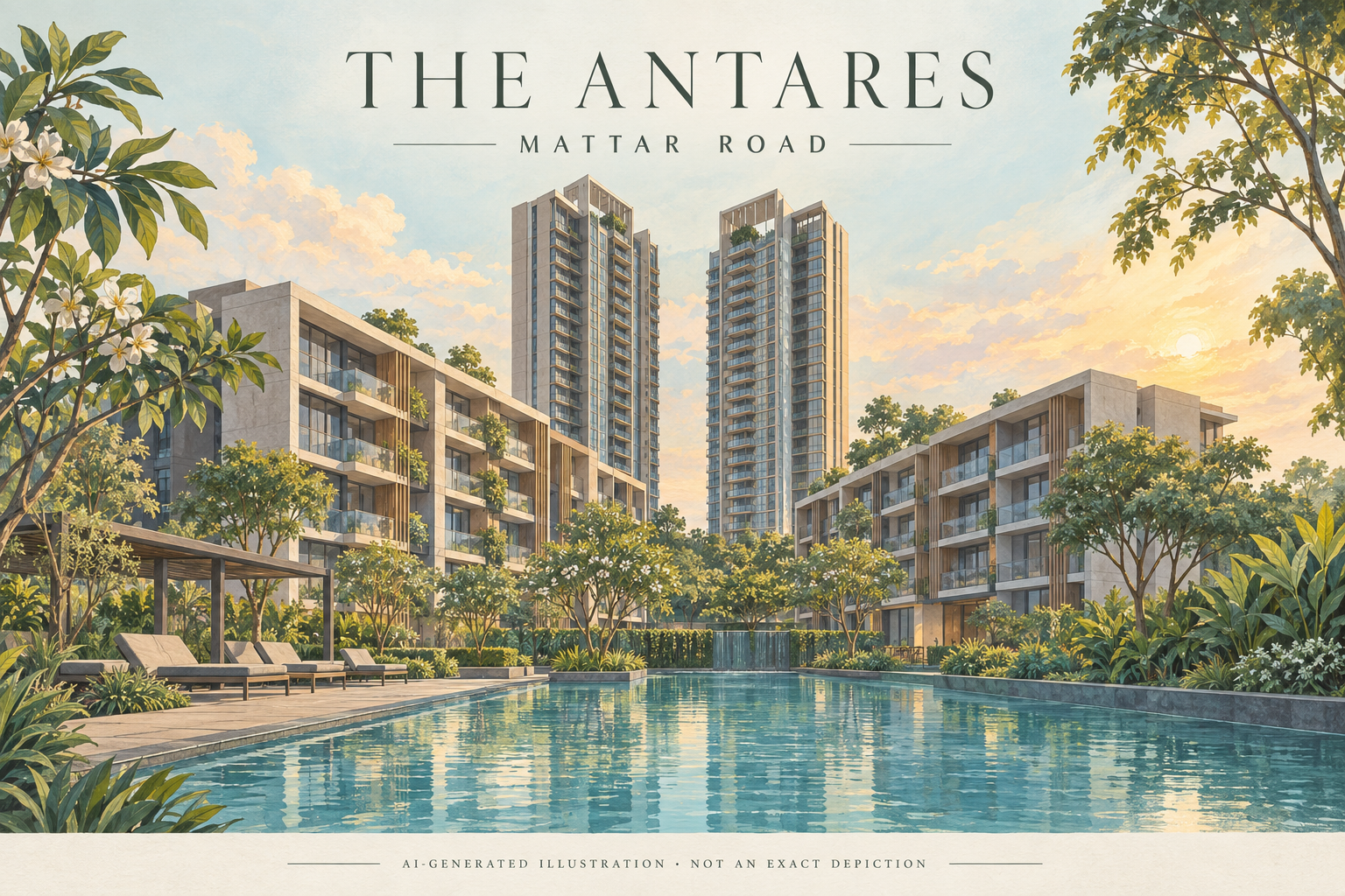AI-generated illustration inspired by The Antares, showing an imagined mixed-height residential composition and landscaped pool; not an exact depiction.