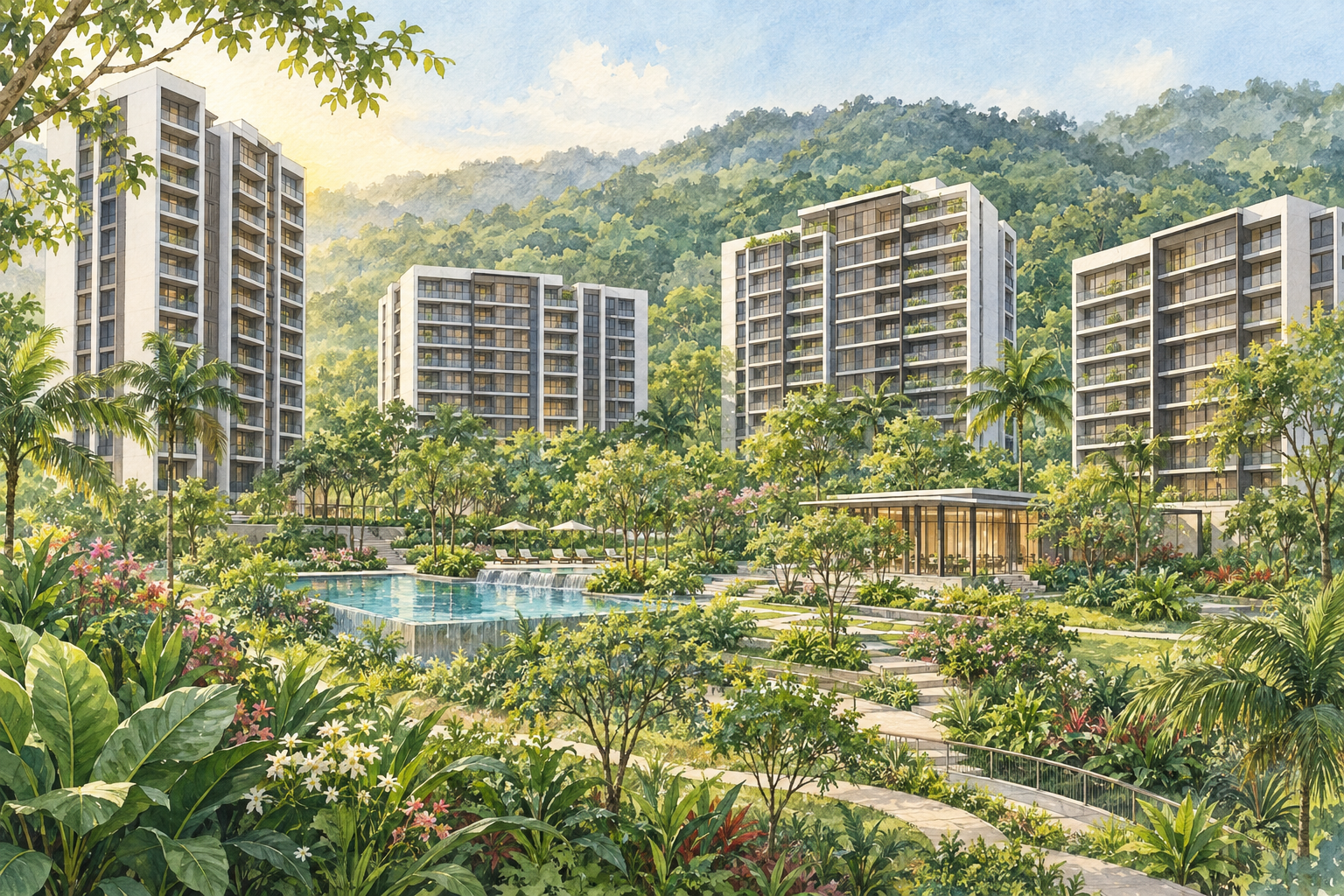 AI-inspired watercolour of imagined apartment blocks, tropical gardens and pools in a wooded setting inspired by The Botany at Dairy Farm; not an exact depiction.