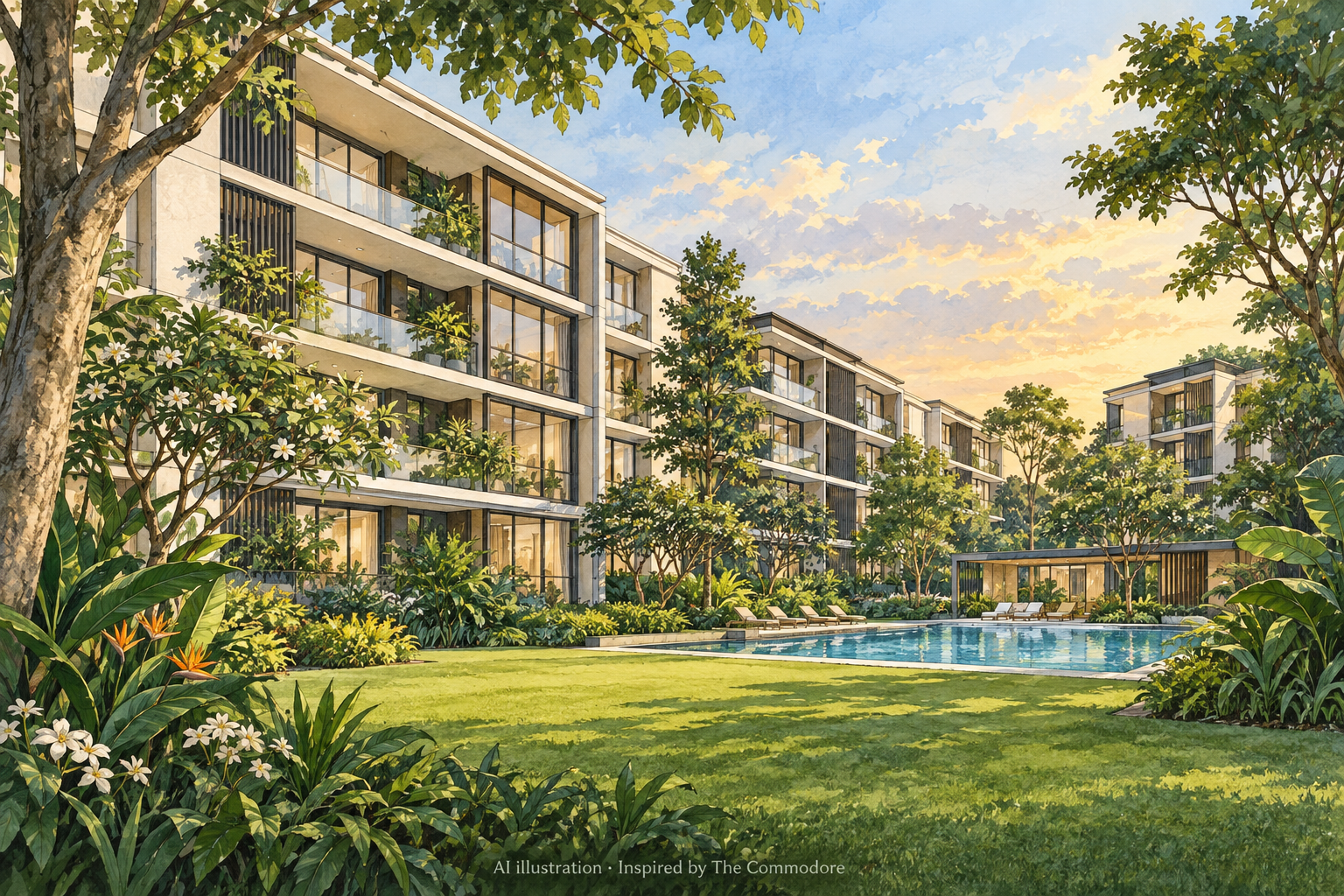 AI-generated illustration inspired by The Commodore, showing imagined low-rise homes beside a lawn and pool in a tropical garden; not an exact architectural depiction.