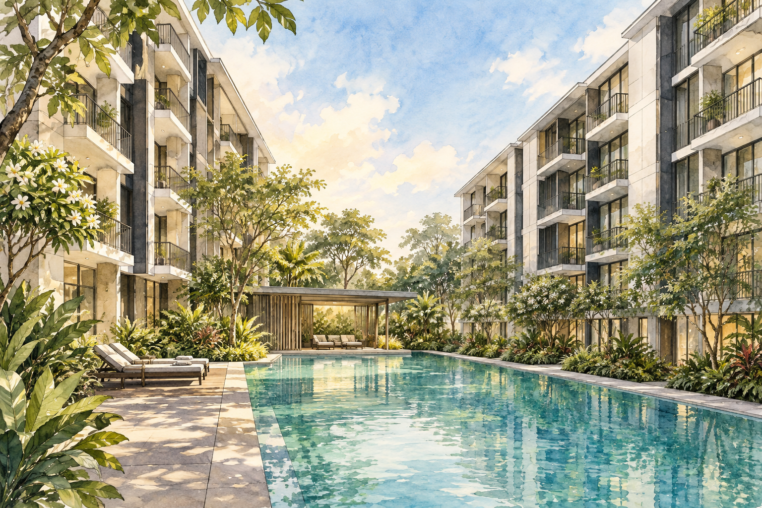 AI-inspired watercolour of two low-rise residential wings around a landscaped pool court, inspired by The Essence; not an exact site depiction.