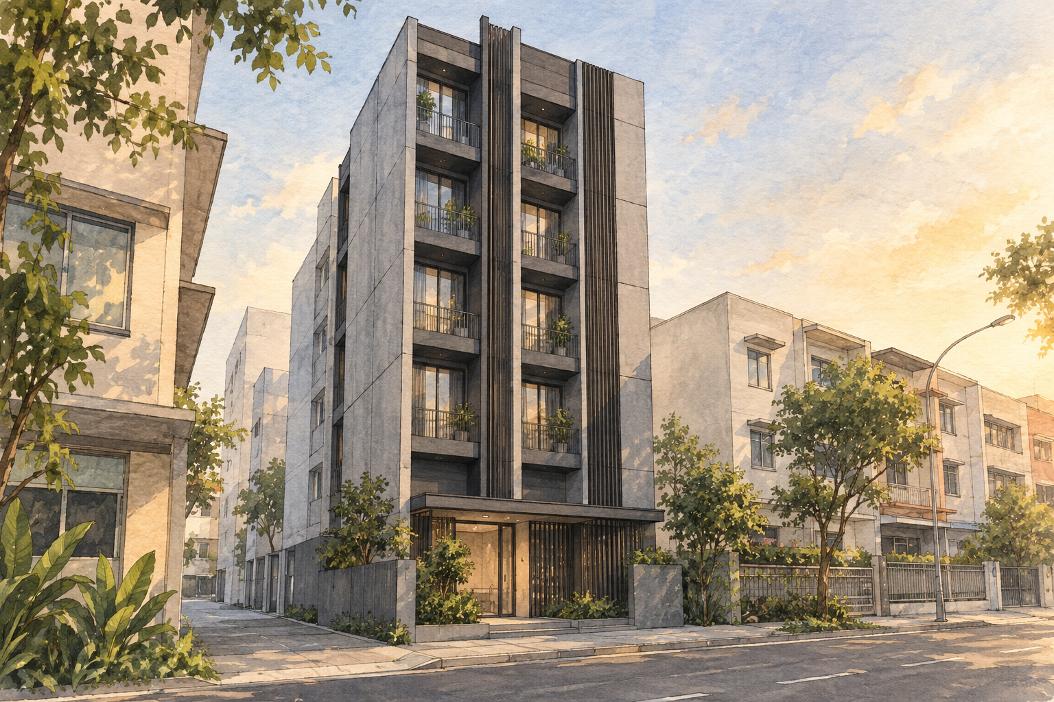 AI-inspired watercolour of an imagined slender grey apartment building on an urban street, inspired by The Gatz; not an exact depiction.