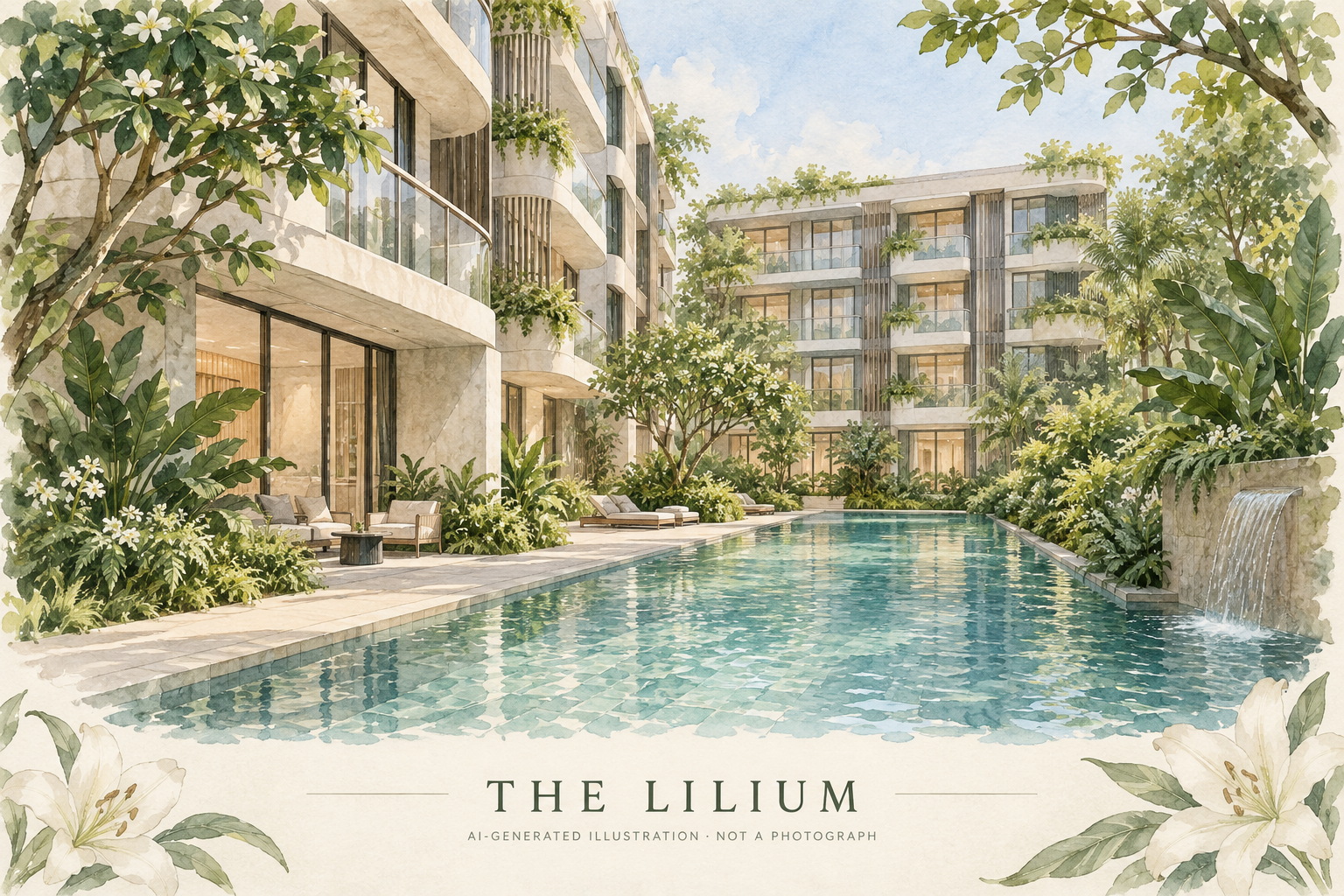 AI-generated watercolour illustration inspired by The Lilium, showing low-rise residential blocks around a planted pool courtyard.