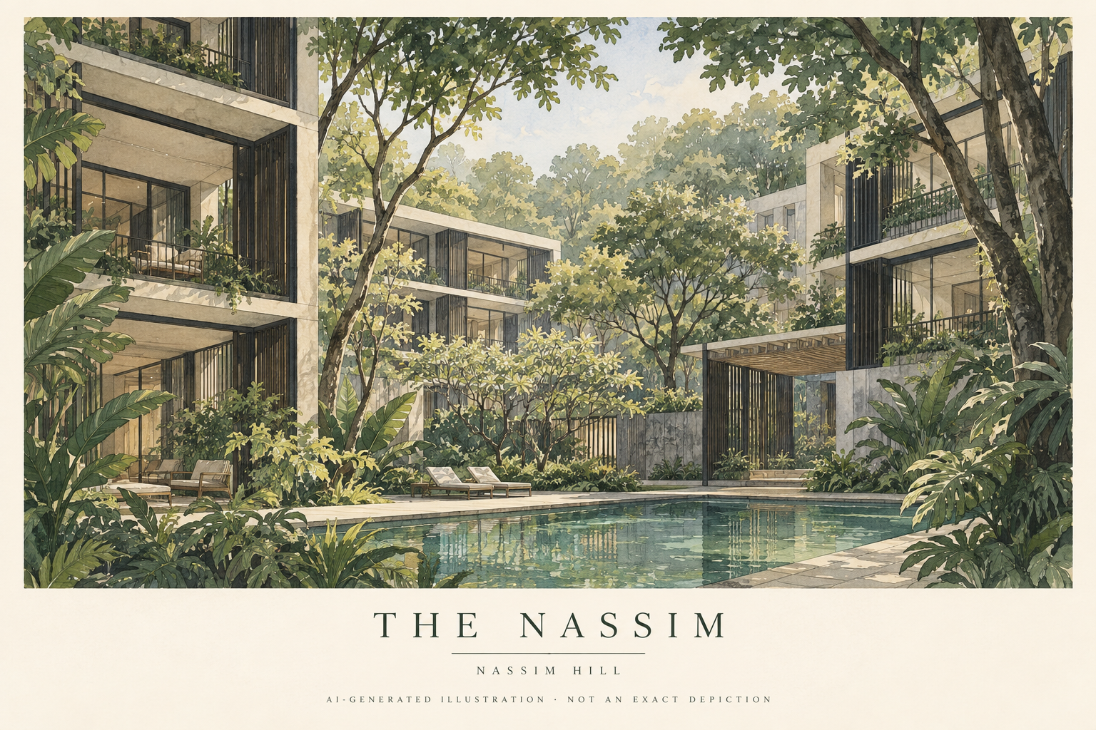 AI-generated illustration inspired by The Nassim, with imagined low-rise verandahs and a tropical garden court; not an exact architectural depiction.