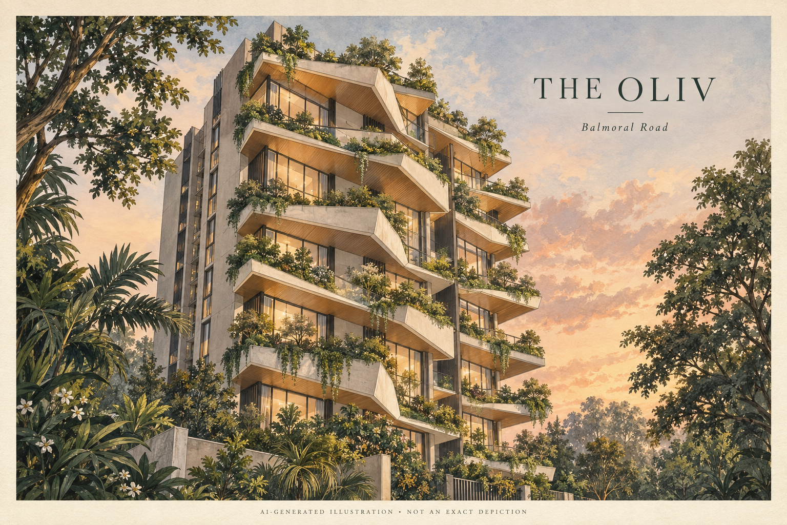 AI-generated illustration inspired by The Oliv, with imagined angular planted sky terraces and tropical trees; not an exact architectural depiction.