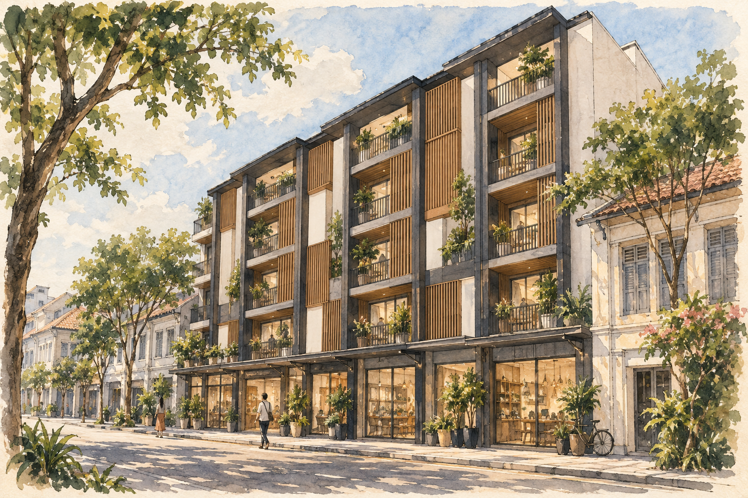AI-generated architectural watercolour inspired by The Ranz, with an imagined apartment-over-shops streetscape, warm facade panels and balconies; not an exact depiction.