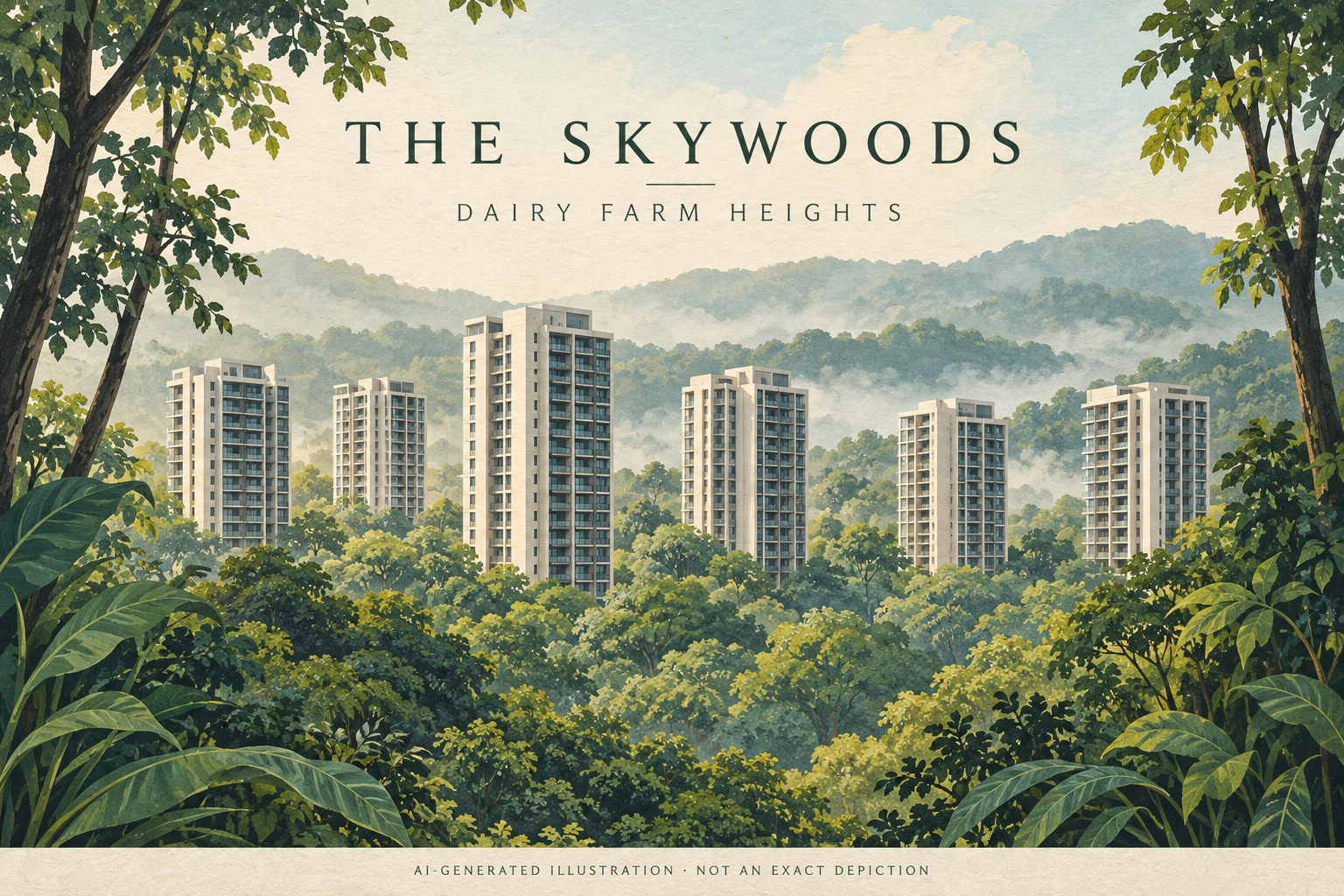 AI-generated illustration inspired by The Skywoods, showing six imagined residential towers amid tropical foliage; not an exact depiction or a promised view.