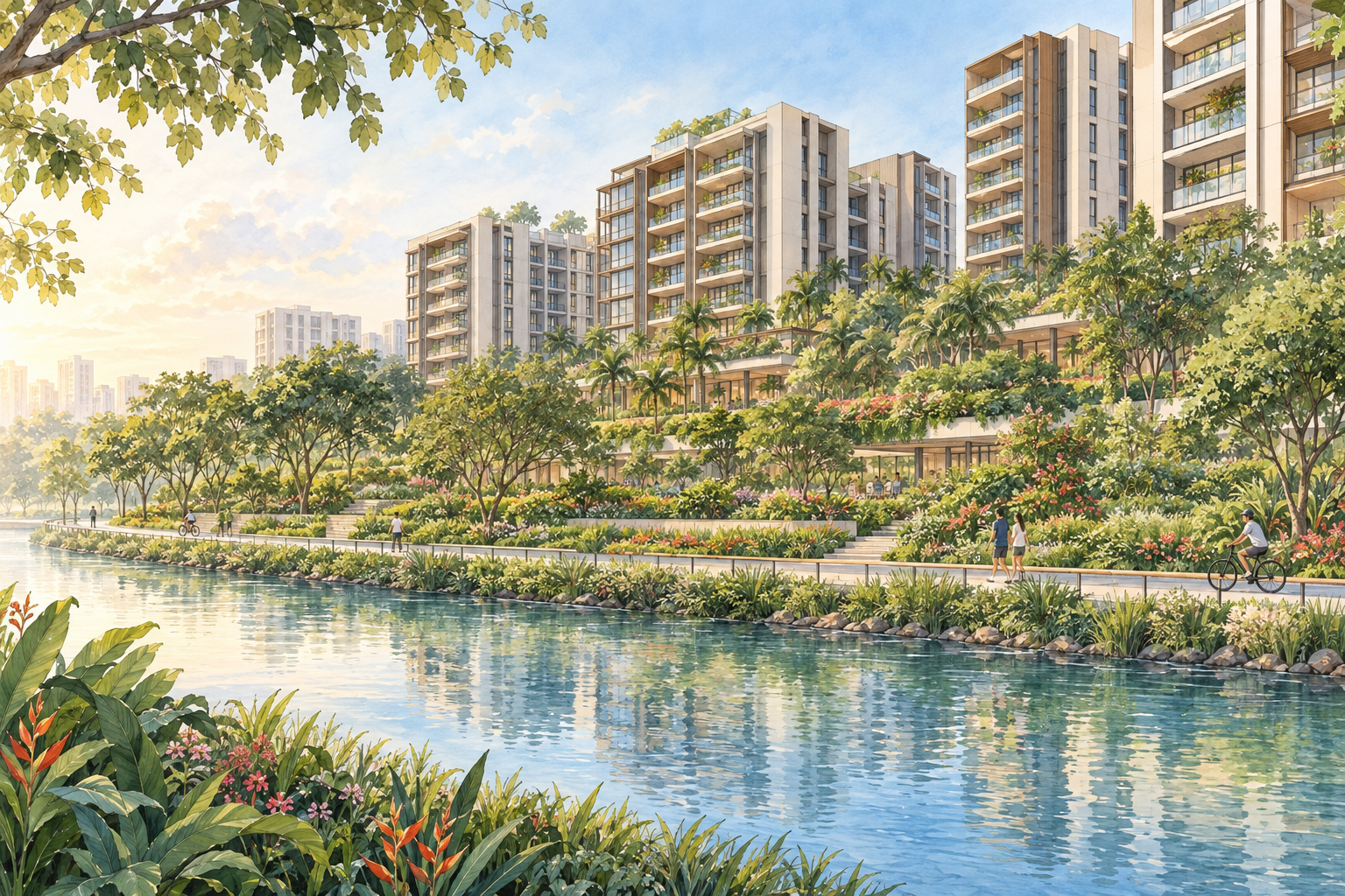 AI-inspired watercolour of apartment blocks above layered tropical gardens beside a public waterway promenade, inspired by The Terrace; not an exact site depiction.