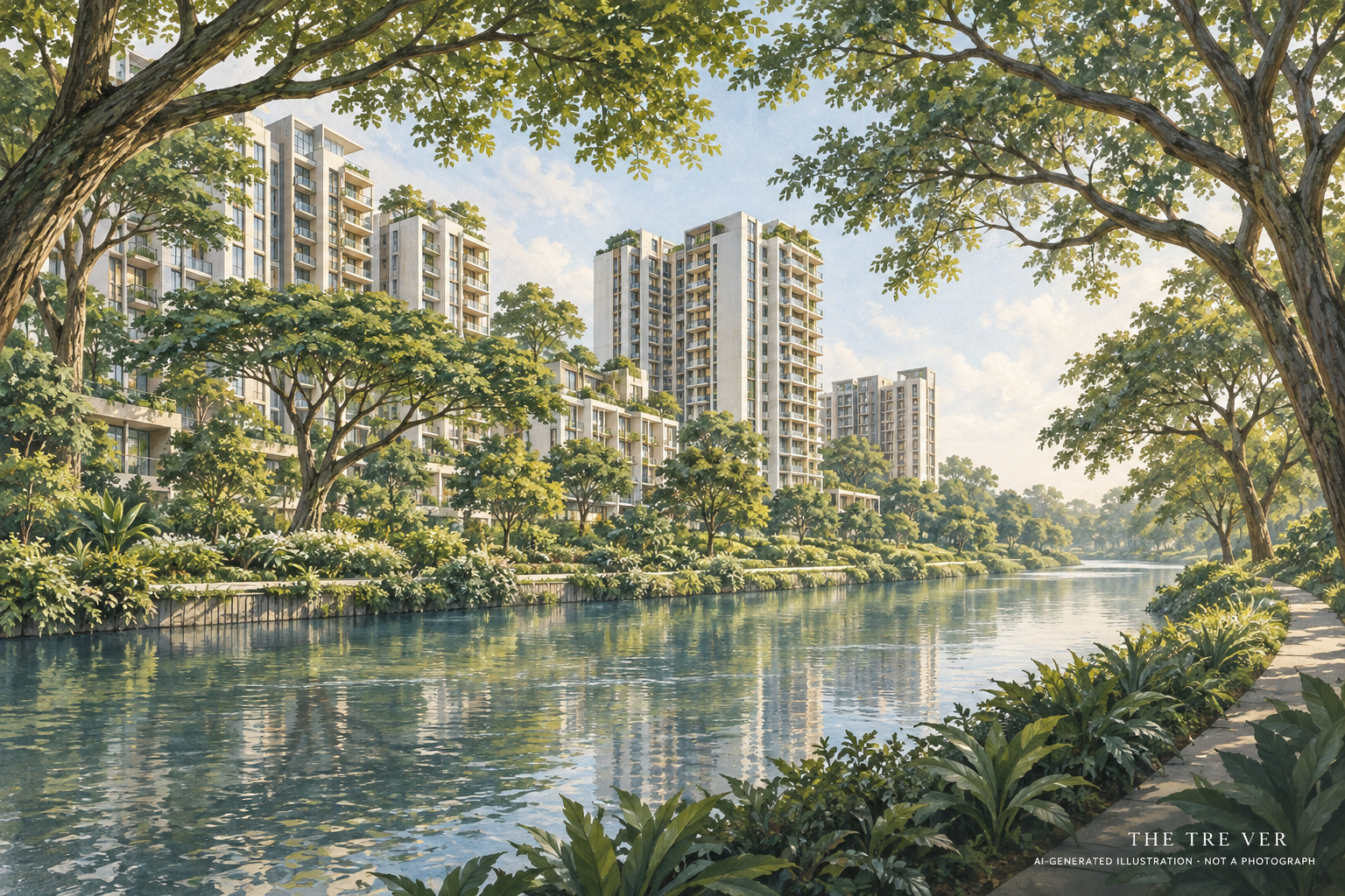 AI illustration inspired by The Tre Ver, with residential buildings, rain trees and a river setting