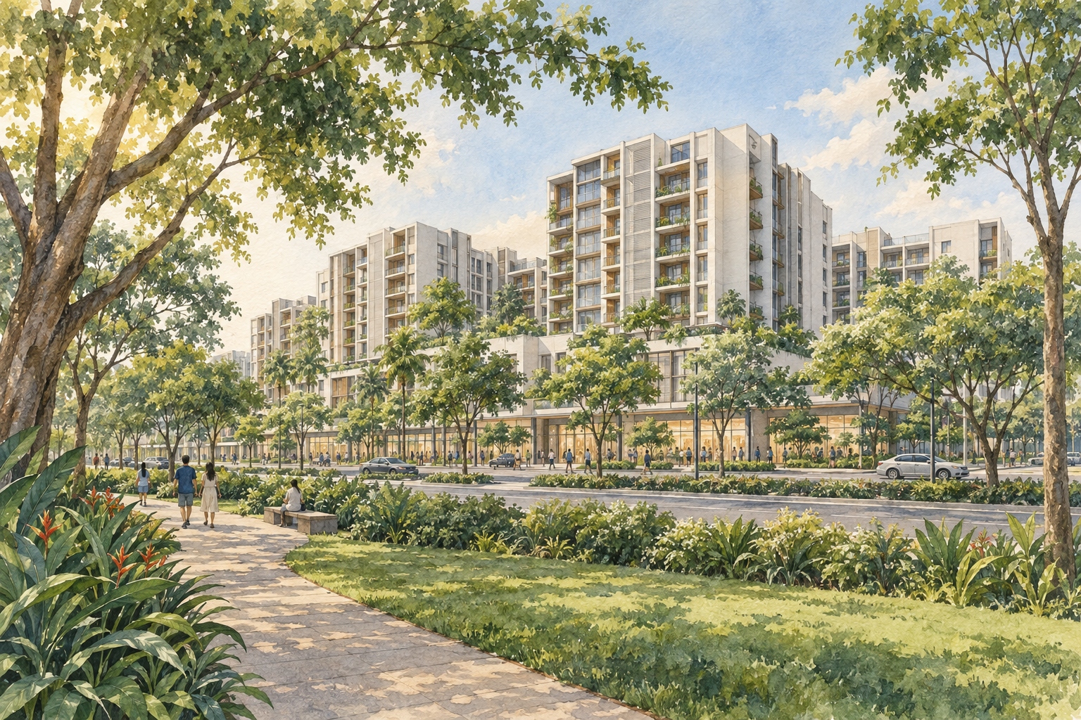 AI-inspired watercolour of imagined mid-rise homes above a retail podium, viewed from a separate leafy public park, inspired by The Woodleigh; not an exact depiction.