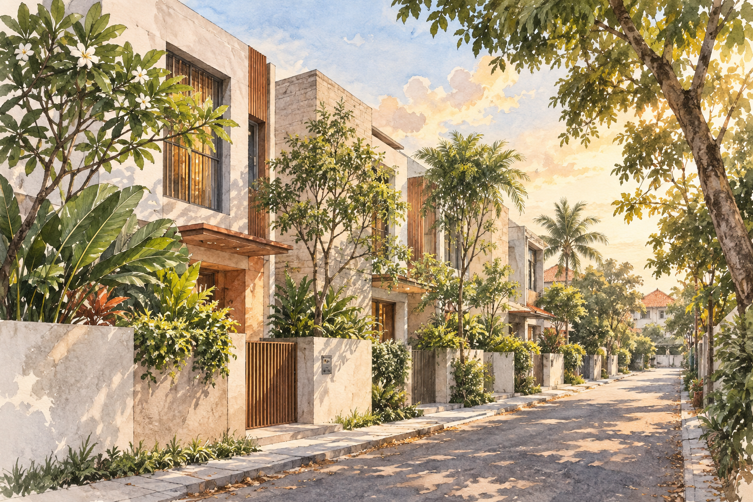 AI-inspired watercolour of a small grouping of low-rise homes beside a planted residential street, inspired by TK One; not an exact site depiction.