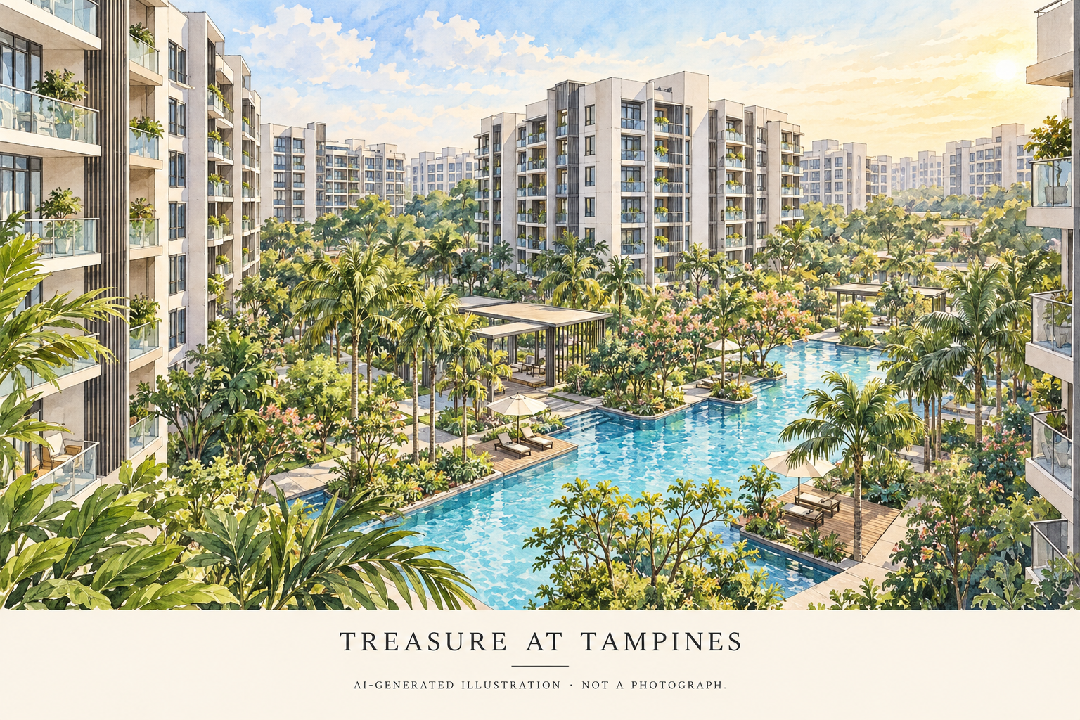AI-generated watercolour illustration inspired by Treasure at Tampines, showing multiple residential blocks and tropical pool gardens.