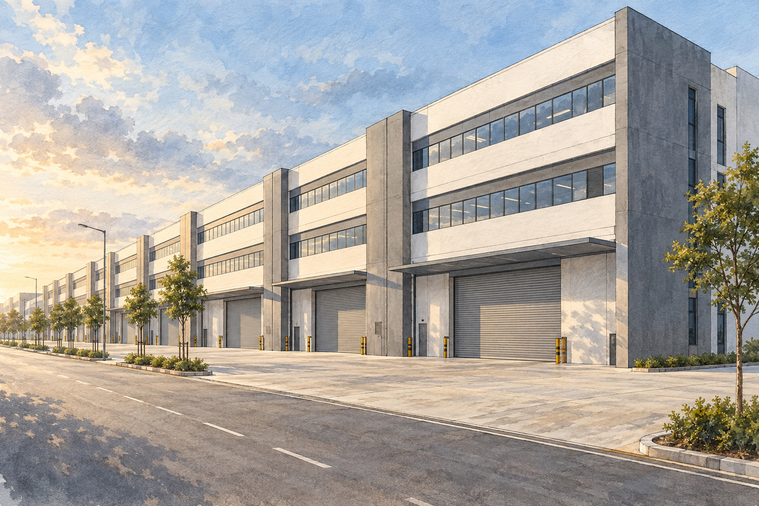 AI-inspired watercolour of four-storey industrial terrace factories and loading aprons, inspired by Tuas South Connection; not an exact site depiction.