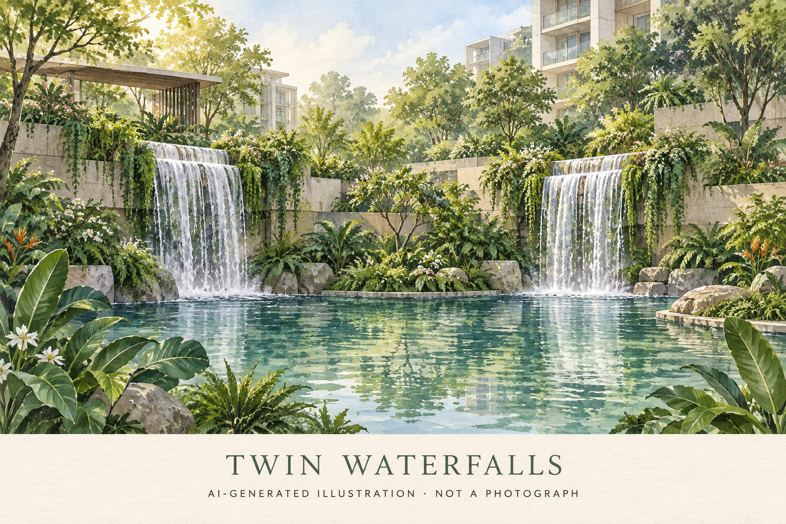 AI illustration inspired by Twin Waterfalls, showing paired ornamental cascades and planted terraces