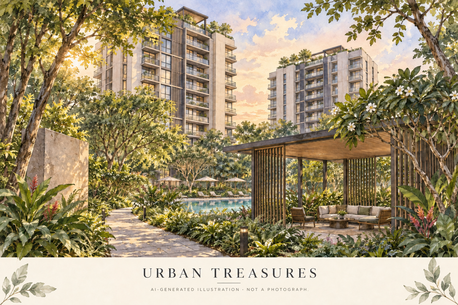AI-generated watercolour illustration inspired by Urban Treasures, with two residential blocks, a pool and tropical garden pavilions.