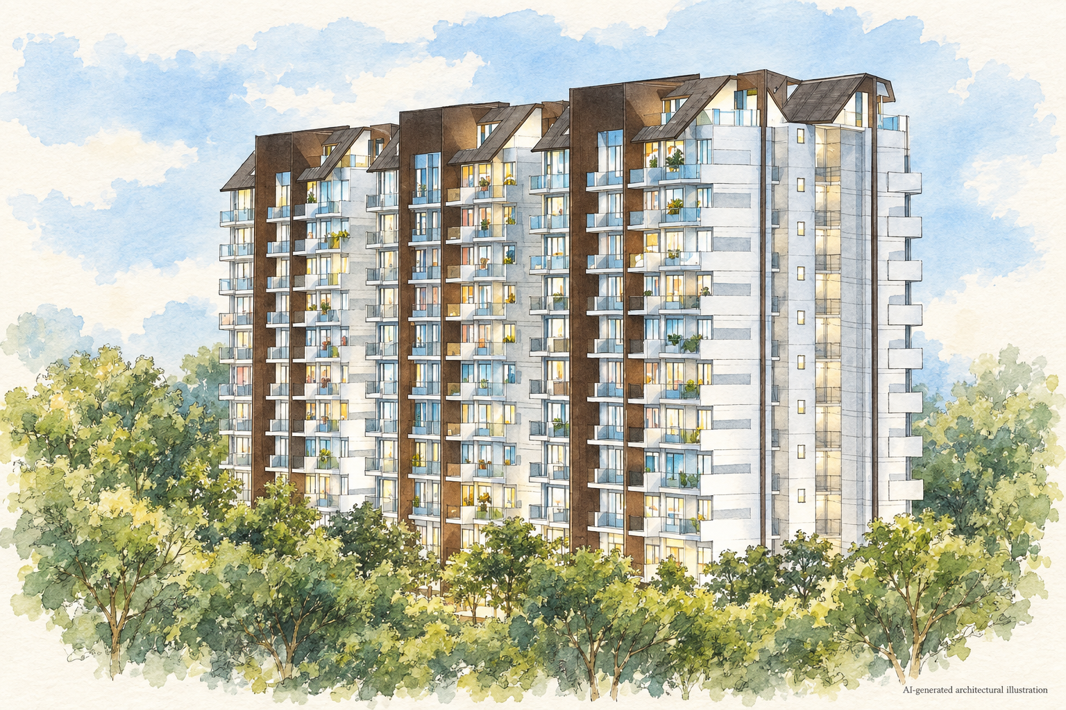 AI-generated architectural illustration of a Vacanza @ East residential block and planting