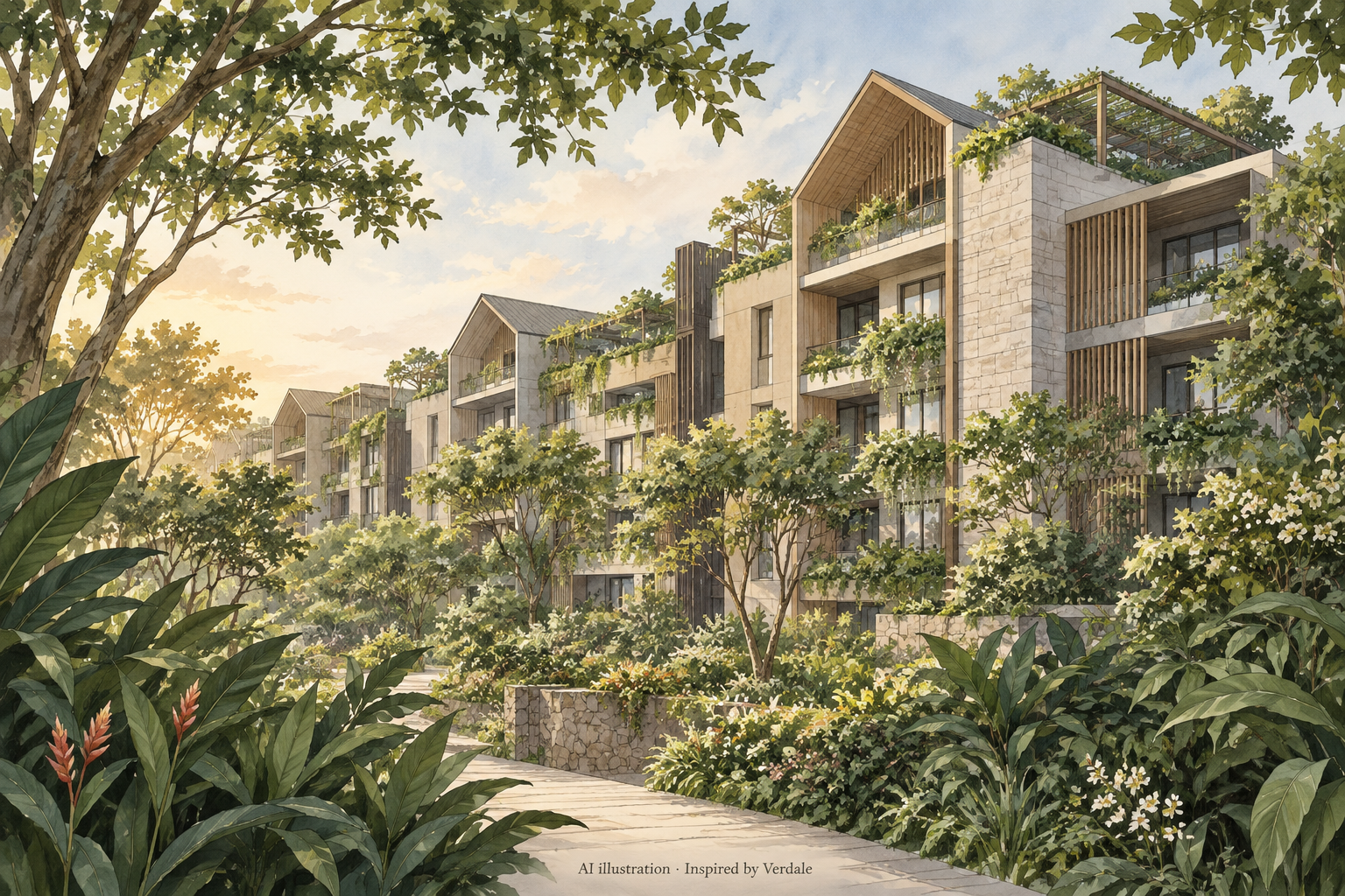 AI-generated illustration inspired by Verdale, showing imagined low-rise homes with varied roof forms within a tropical garden; not an exact architectural depiction.