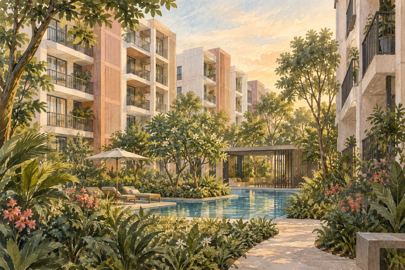 AI-inspired watercolour of an imagined warm-toned low-rise apartment courtyard, inspired by View At Kismis; not an exact depiction.