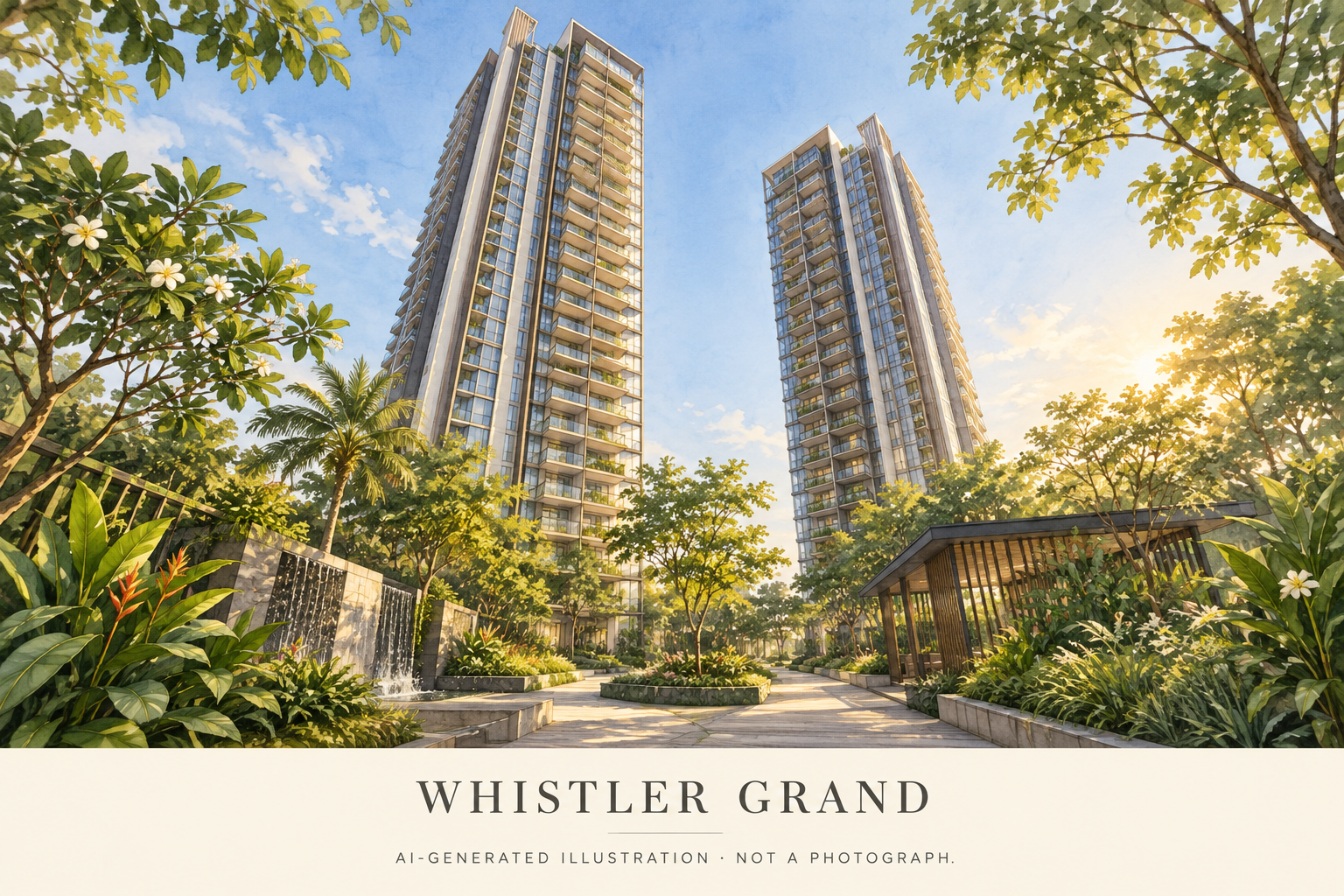 AI illustration inspired by Whistler Grand, showing twin residential towers above a tropical garden